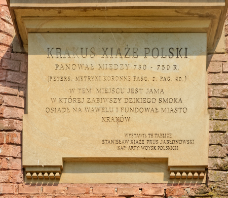 KRAKOW, MAY 29: Wawel Royal Castle, POLAND 2018. Commemorative plaque for prince Krak, who founded...
