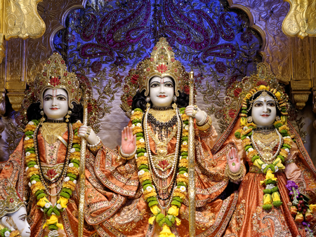 Watford, May 20: The main altar in the Hare Krishna temple called 'ISKCON Bhaktivedanta Manor', UK, 2018. Deities called 'Sita Rama Lakshman Hanuman'のeditorial素材