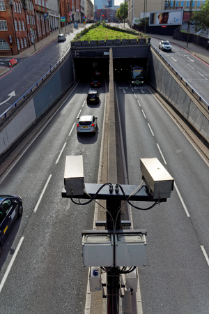 Birmingham, October 07: CCTV industrial cameras before entering the tunnel under the city. UK 2018のeditorial素材