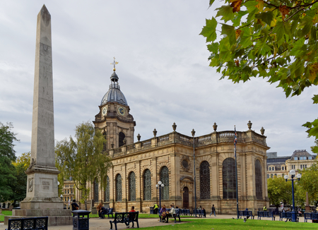 Birmingham, October 07: St. Philip's Cathedral and Khiva Column located on the Cathedral Square. UK 2018のeditorial素材