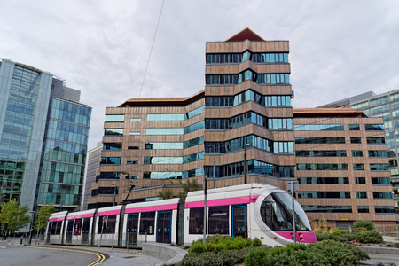 Modern metro wagons on the Birmingham's business district. UK.のeditorial素材