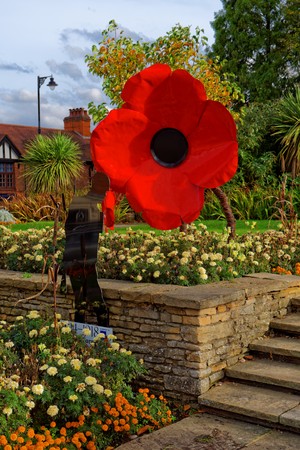 Sutton Coldfield, October 13: Remembrance poppy and soldier's black shape, UK 2018のeditorial素材