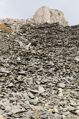 Stone slopes on the Cwmorthin Waterfall trail in the mountains of Snowdonia National Park, Wales.の写真素材