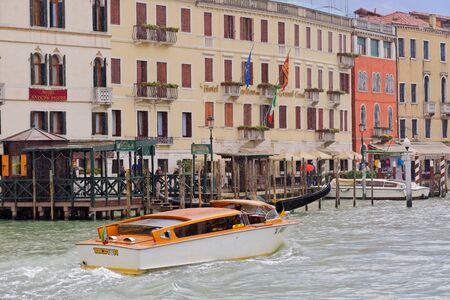 Boats sail on a rainy day on the Grand Canal in Venice, May 04, Italy 2018のeditorial素材
