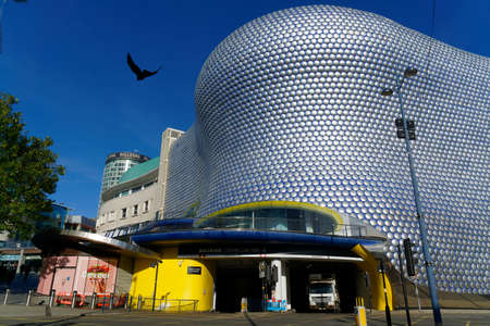 The entrance gate to the parking lot in the modernist building of the shopping center, Birmingham, October 15, UK 2020のeditorial素材