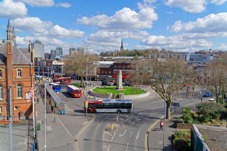 Lots of buses in the city center take people. Shot from above. Traffic in downtown Walsall. April 15, UK 2021のeditorial素材