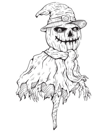 Scarecrow in a hat. Hand drawn vector illustration in sketch style.のイラスト素材