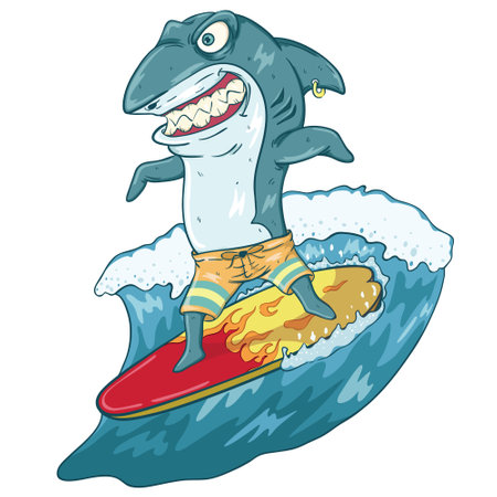 Shark surfing on a surfboard. Vector illustration in cartoon style.のイラスト素材