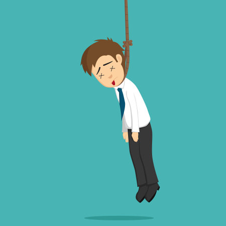 Businessman hanging on a rope. Vector illustration in cartoon style.のイラスト素材