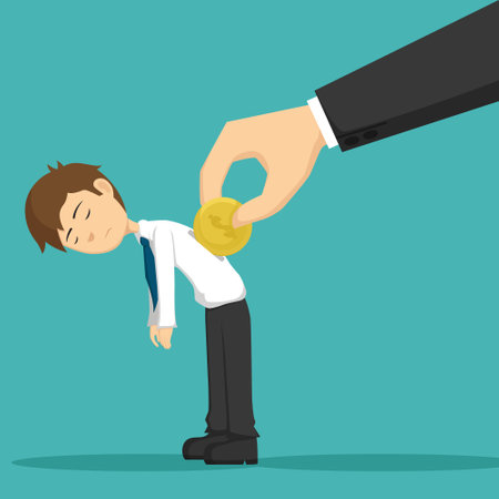 Businessman getting a coin from a big hand. Vector illustration.のイラスト素材