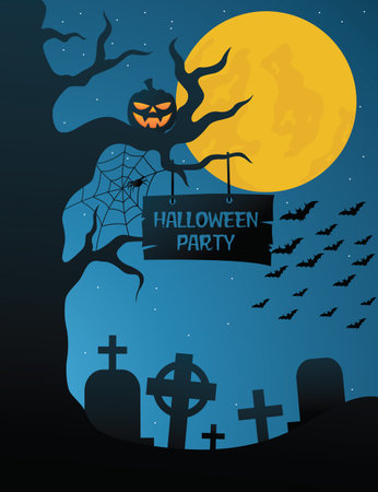 Halloween background with cemetery, bats and pumpkin. Vector illustration.のイラスト素材