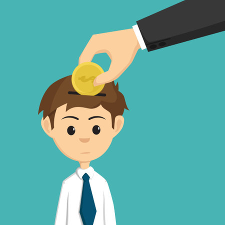 Businessman and hand putting coin into his head. Vector illustration.のイラスト素材