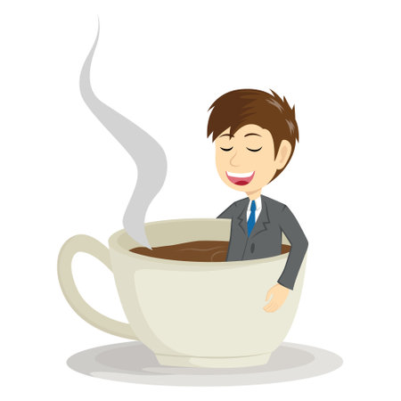 Businessman drinking coffee in a cup of hot coffee. Vector illustration.のイラスト素材