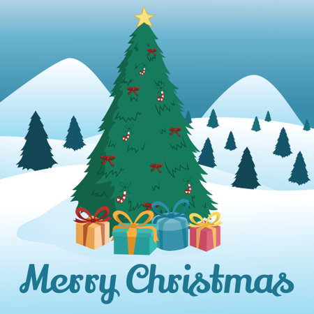 Merry Christmas greeting card with christmas tree and presents. Vector illustration.のイラスト素材