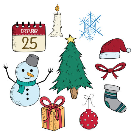 Christmas doodle icons set. Vector illustration of 25 Christmas doodles.のイラスト素材