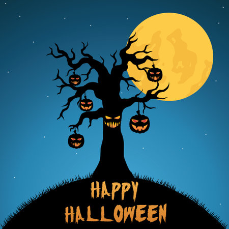 Halloween background with scary tree and pumpkins. Vector illustration.のイラスト素材