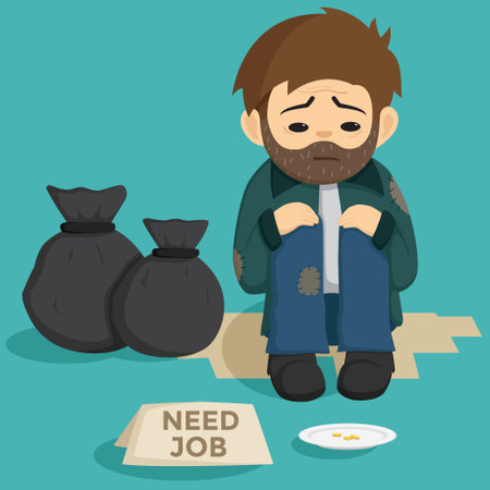 Homeless man begging for money. Vector illustration in cartoon style.のイラスト素材