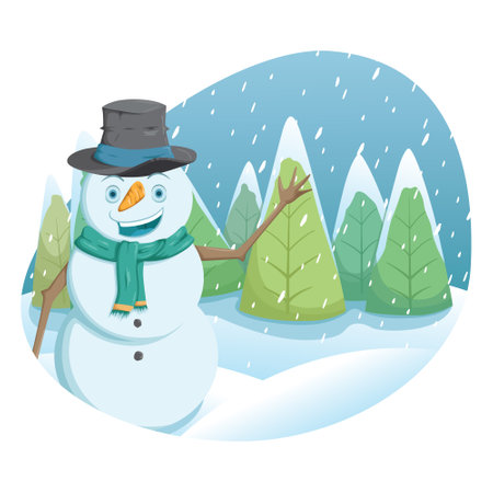 Snowman with hat and scarf in winter forest. Vector illustration.のイラスト素材