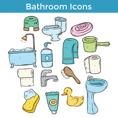 Bathroom icons set in doodle style. Vector illustrationのイラスト素材