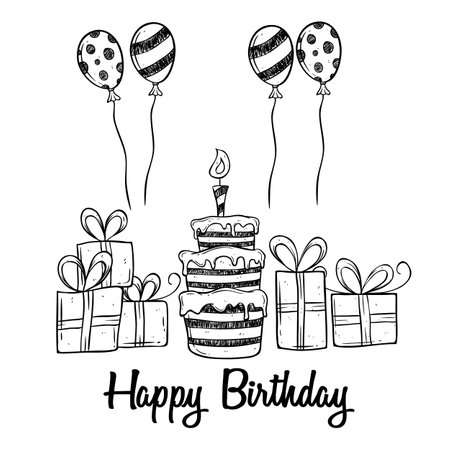 Happy birthday greeting card with cake, gift boxes and balloons. Vector illustration.のイラスト素材