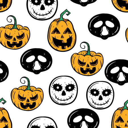Seamless pattern with Halloween pumpkins and skulls. Vector illustration.のイラスト素材