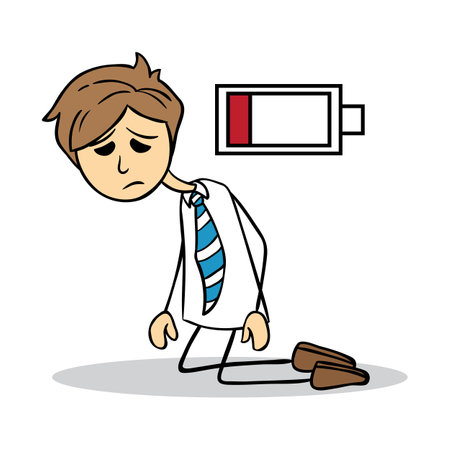 Businessman with low battery on white background. Cartoon vector illustration.のイラスト素材
