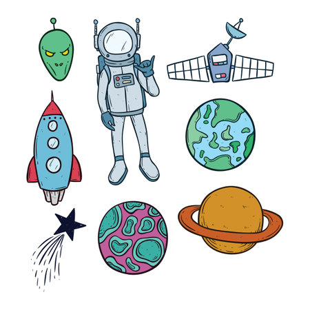 Space doodle icons set. Vector illustration of astronaut and planets.のイラスト素材