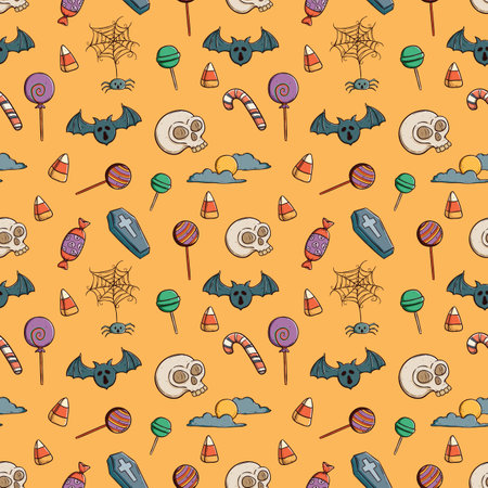 Halloween seamless pattern with candies, sweets and spiders. Vector illustration.のイラスト素材