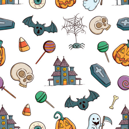 Halloween seamless pattern with pumpkins, candies, ghosts, spiders, bats and castle.のイラスト素材