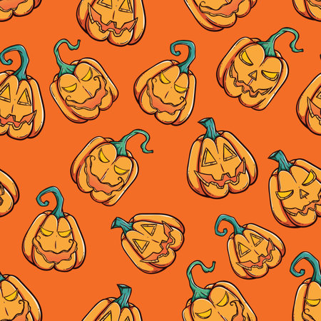 Seamless pattern with Halloween pumpkins on orange background. Vector illustration.のイラスト素材