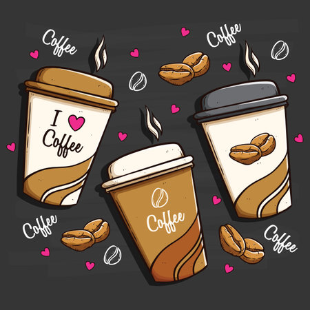 Coffee cup and coffee beans on chalkboard. Vector illustration.のイラスト素材