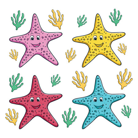 Set of cute cartoon starfishes and corals. Vector illustration.のイラスト素材