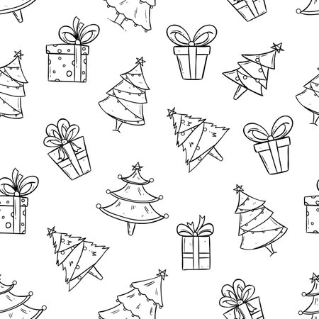 Seamless pattern with Christmas tree and gifts. Vector illustration.のイラスト素材