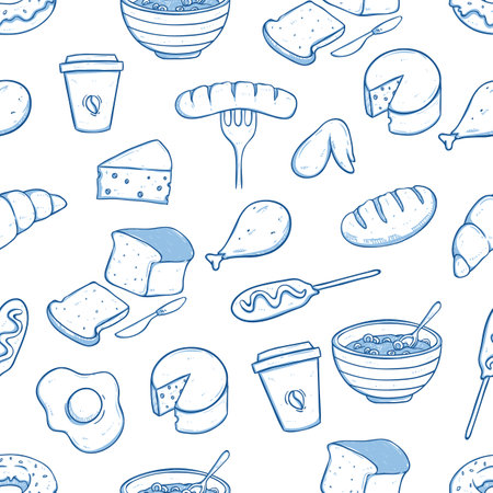 Seamless pattern with hand drawn food icons. Vector illustration.のイラスト素材