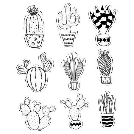 Cactuses doodle icons set. Hand drawn vector illustrationのイラスト素材