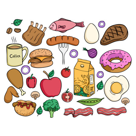 Set of food and drink doodle icons. Vector illustration.のイラスト素材
