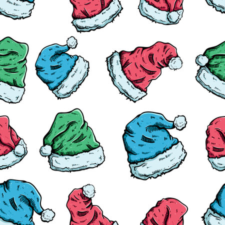Seamless pattern with christmas hats. Hand drawn vector illustration.のイラスト素材