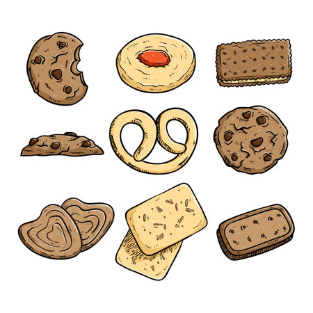 Hand drawn set of different cookies. Vector illustration isolated on white background.のイラスト素材