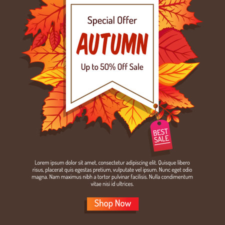 Autumn sale poster with autumn leaves and label. Vector illustration.のイラスト素材