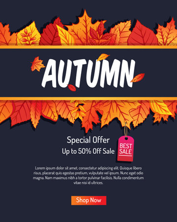 Autumn sale banner with autumn leaves. Seasonal discount offer. Vector illustrationのイラスト素材