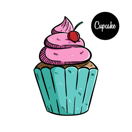 Hand drawn cupcake with cherry. Vector illustration in doodle style.のイラスト素材