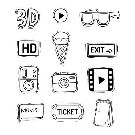 Set of doodle cinema icons. Hand drawn vector illustration.のイラスト素材
