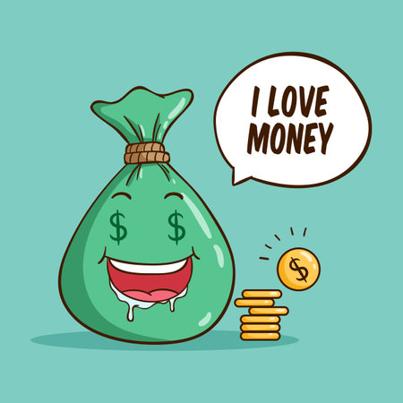 Money bag with coins and speech bubble. Vector illustration in cartoon styleのイラスト素材