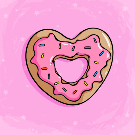 Pink donut in the shape of a heart. Vector illustration.のイラスト素材