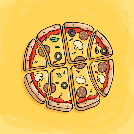 Pizza vector illustration. Hand drawn pizza isolated on yellow background. pizza shape in basketballのイラスト素材