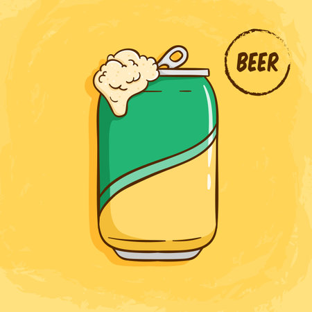 Vector illustration of a can of beer with foam on a yellow background.のイラスト素材