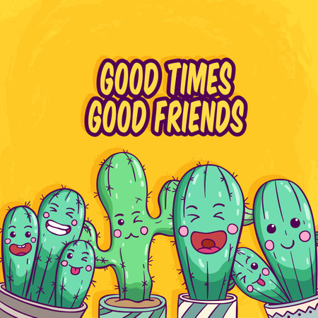 Cute cartoon cactuses with funny faces. Good times good friends.のイラスト素材
