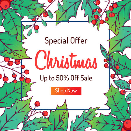 Christmas sale banner with holly leaves and berries. Vector illustration.のイラスト素材
