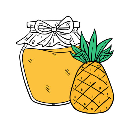 Pineapple jam in jar with bow. Hand drawn vector illustration.のイラスト素材