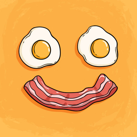 Funny cartoon bacon face with fried egg. Vector illustration. Isolated on orange background.のイラスト素材
